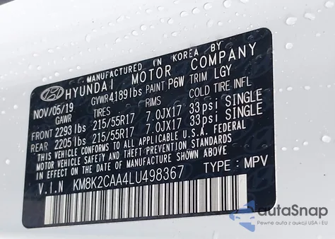 2020 Hyundai Kona Sel z USA, uszkodzony, nr VIN KM8K2CAA4LU498367